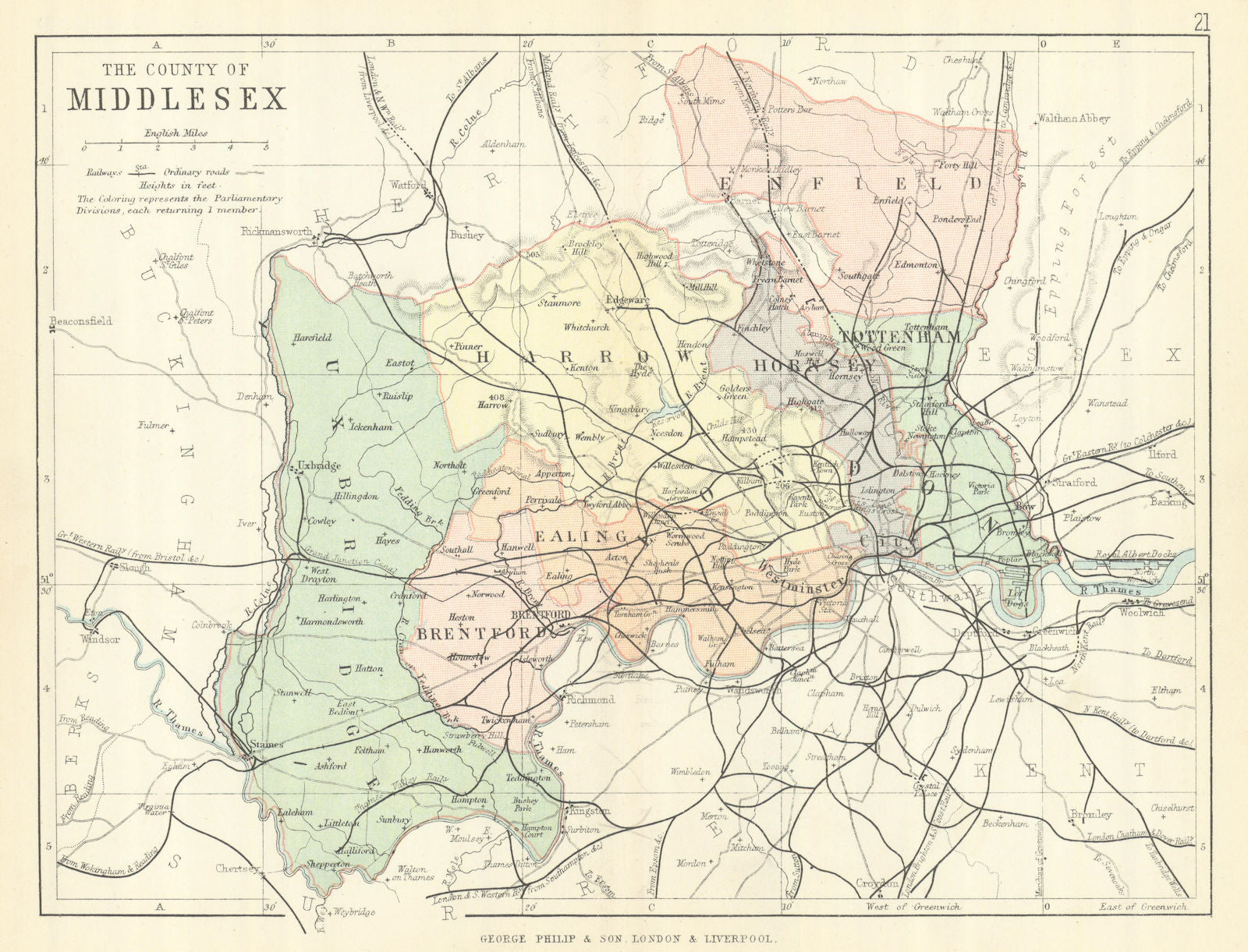 MIDDLESEX. Antique county map. Railways roads. London. PHILIP 1889 old